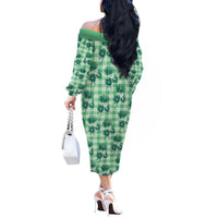 Green Palaka Hawaii Off The Shoulder Long Sleeve Dress Hawaiian Lehua Blossoms