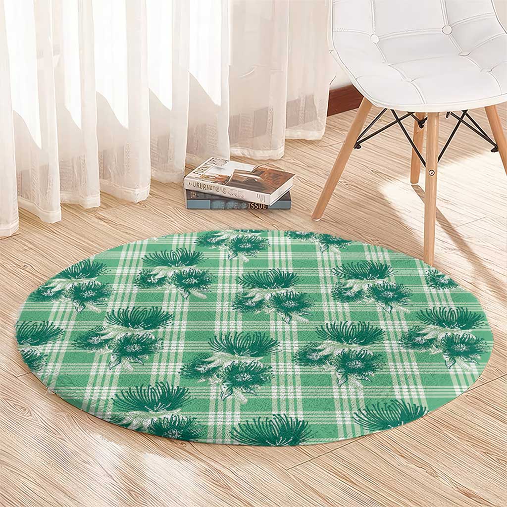 Green Palaka Hawaii Round Carpet Hawaiian Lehua Blossoms