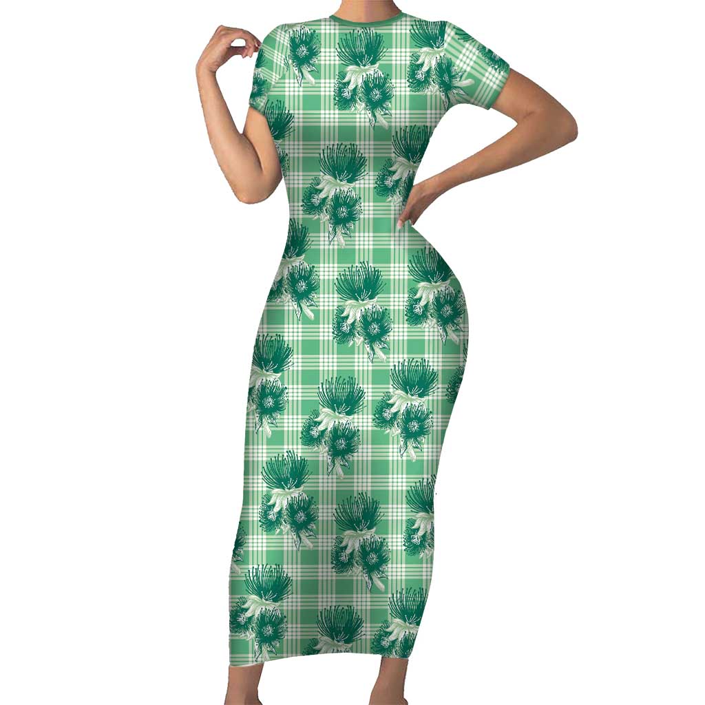 Green Palaka Hawaii Short Sleeve Bodycon Dress Hawaiian Lehua Blossoms