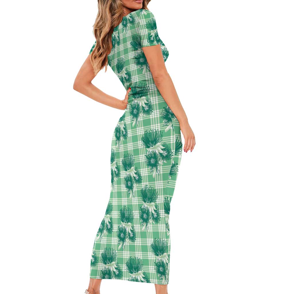 Green Palaka Hawaii Short Sleeve Bodycon Dress Hawaiian Lehua Blossoms