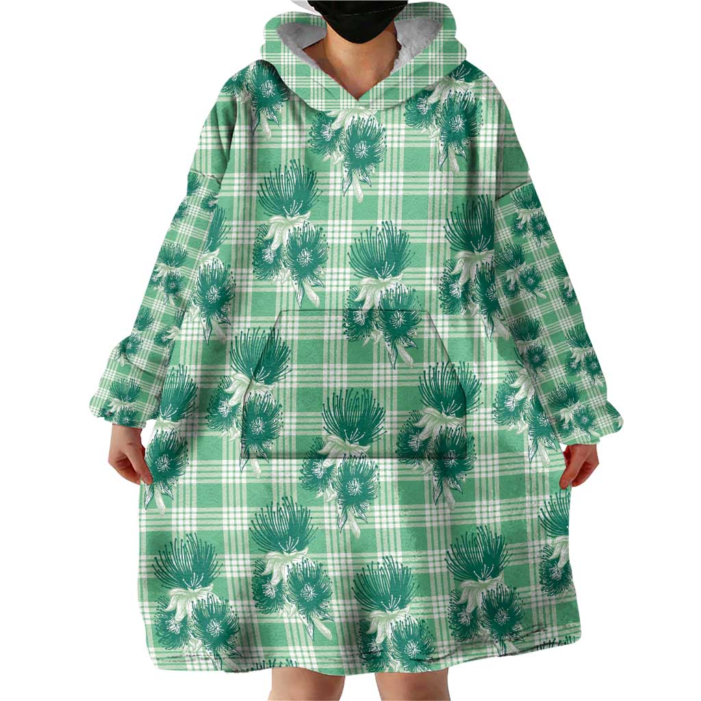 Green Palaka Hawaii Wearable Blanket Hoodie Hawaiian Lehua Blossoms