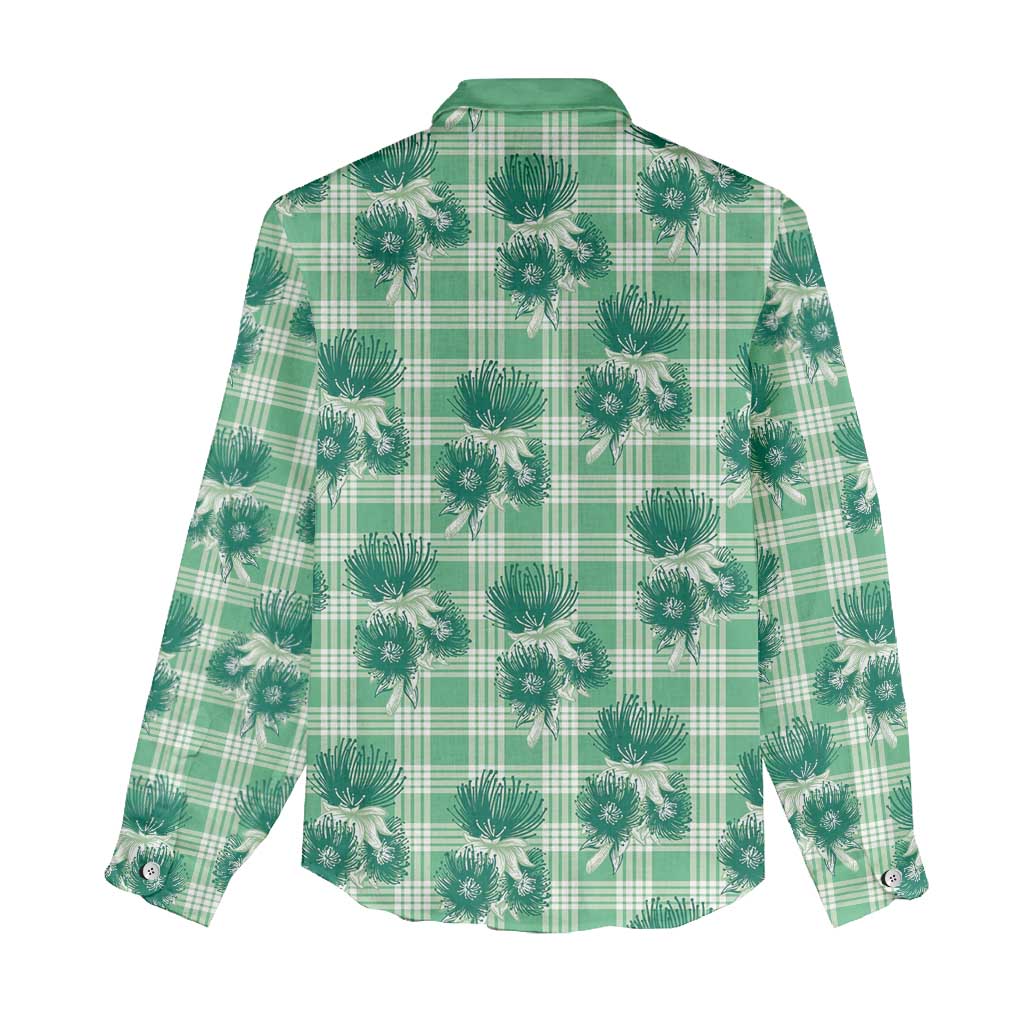 Green Palaka Hawaii Women Casual Shirt Hawaiian Lehua Blossoms