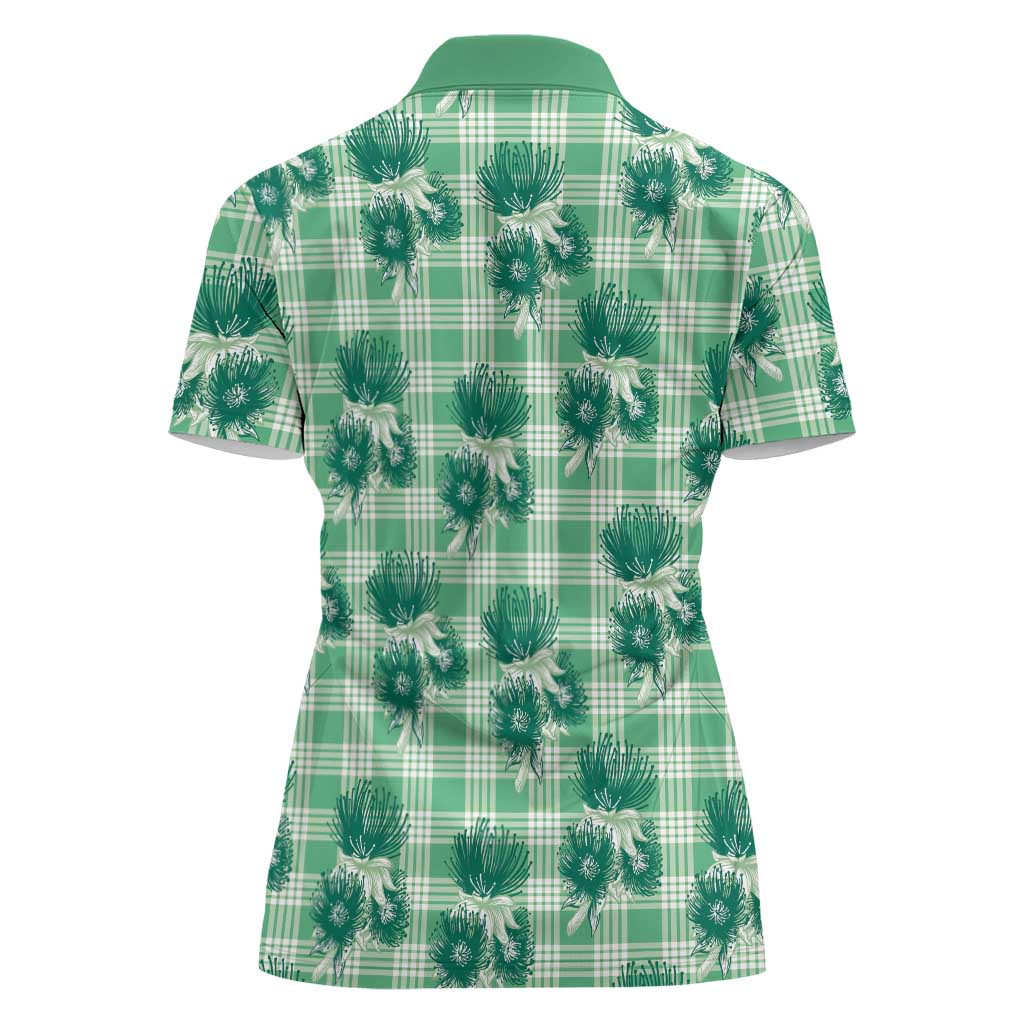 Green Palaka Hawaii Women Polo Shirt Hawaiian Lehua Blossoms