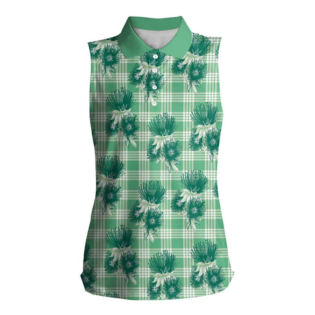 Green Palaka Hawaii Women Sleeveless Polo Shirt Hawaiian Lehua Blossoms