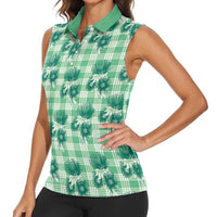 Green Palaka Hawaii Women Sleeveless Polo Shirt Hawaiian Lehua Blossoms