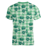Green Palaka Hawaii Women V-Neck T-Shirt Hawaiian Lehua Blossoms