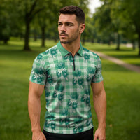 Green Palaka Hawaii Zipper Polo Shirt Hawaiian Lehua Blossoms