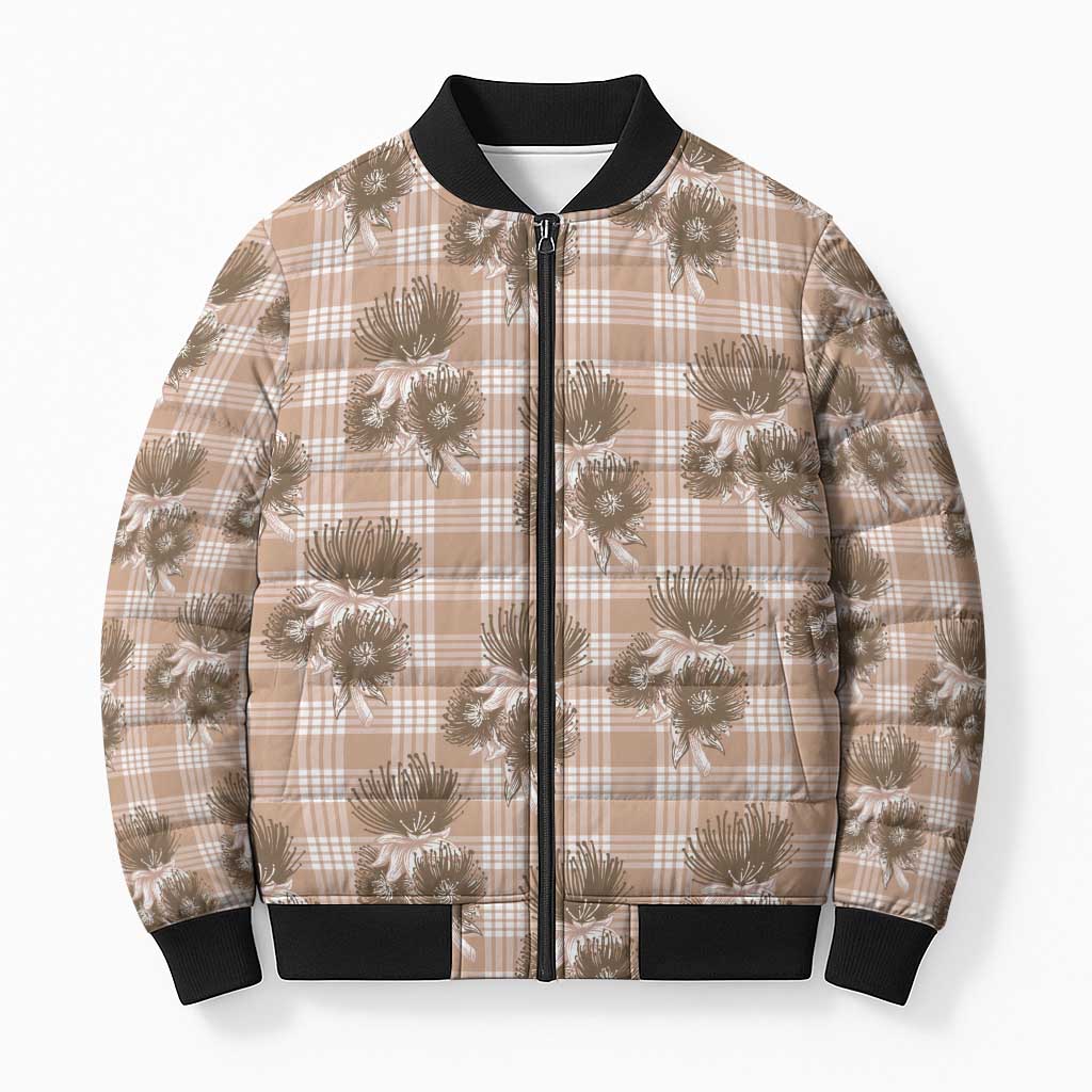 Brown Palaka Hawaii Bomber Puffer Jacket Hawaiian Lehua Blossoms