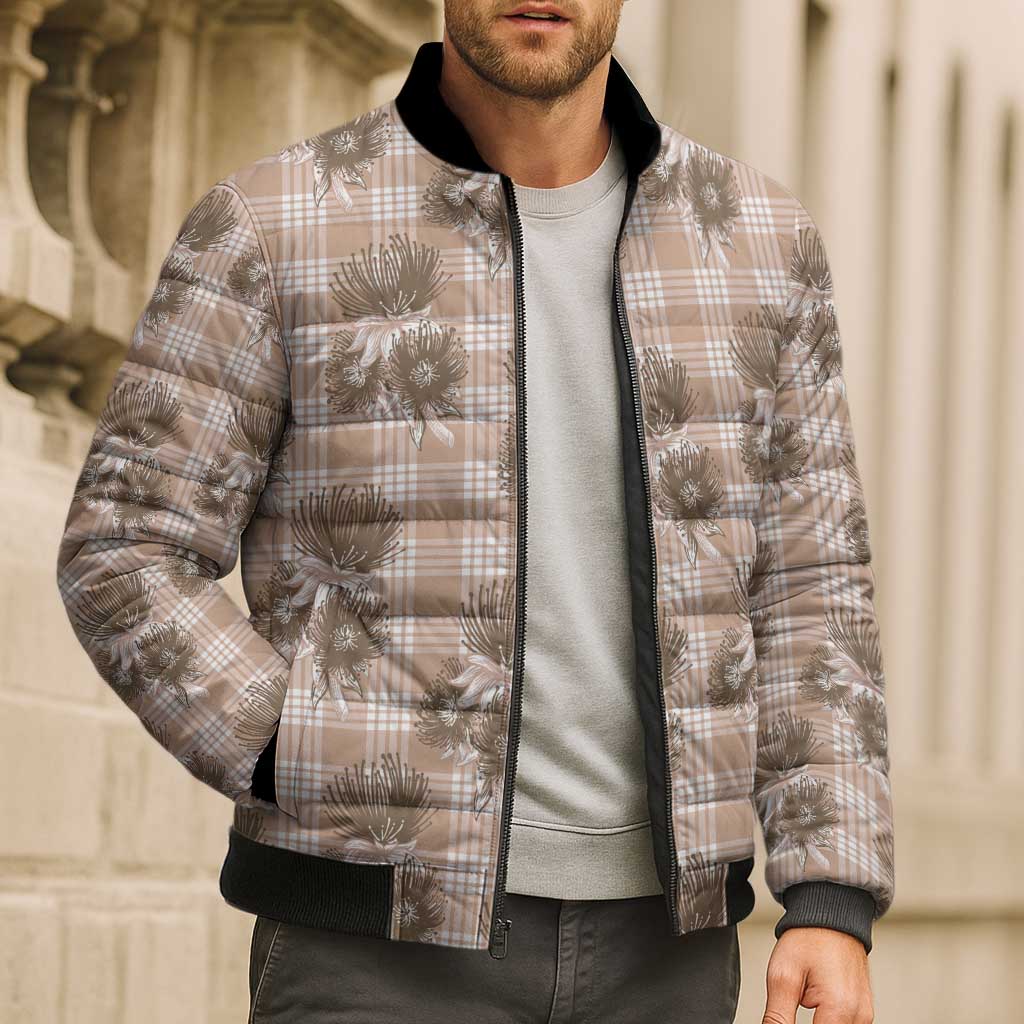 Brown Palaka Hawaii Bomber Puffer Jacket Hawaiian Lehua Blossoms