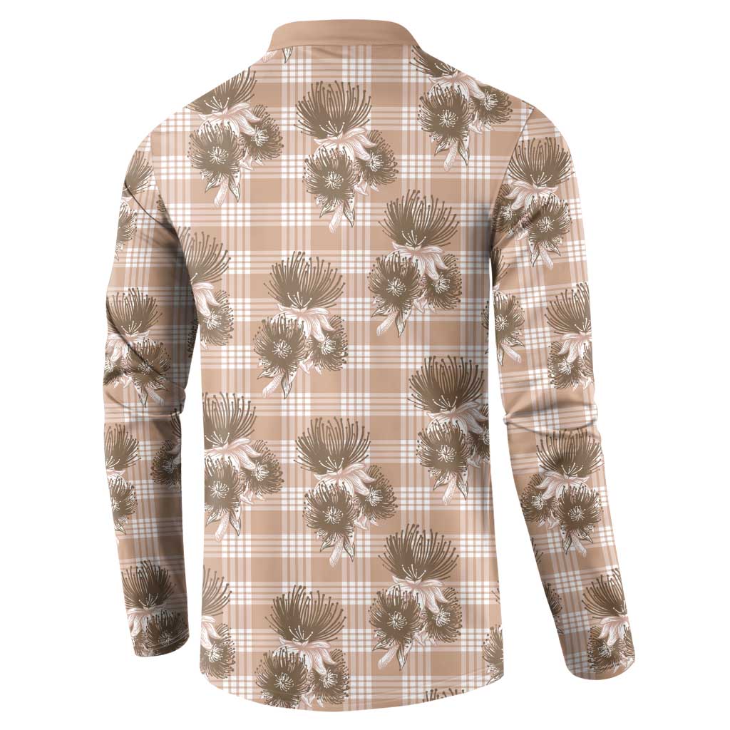 Brown Palaka Hawaii Button Sweatshirt Hawaiian Lehua Blossoms
