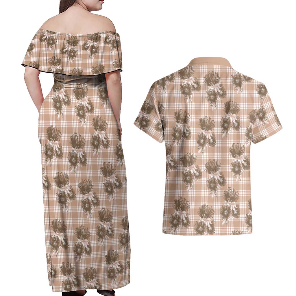 Brown Palaka Hawaii Couples Matching Off Shoulder Maxi Dress and Hawaiian Shirt Hawaiian Lehua Blossoms