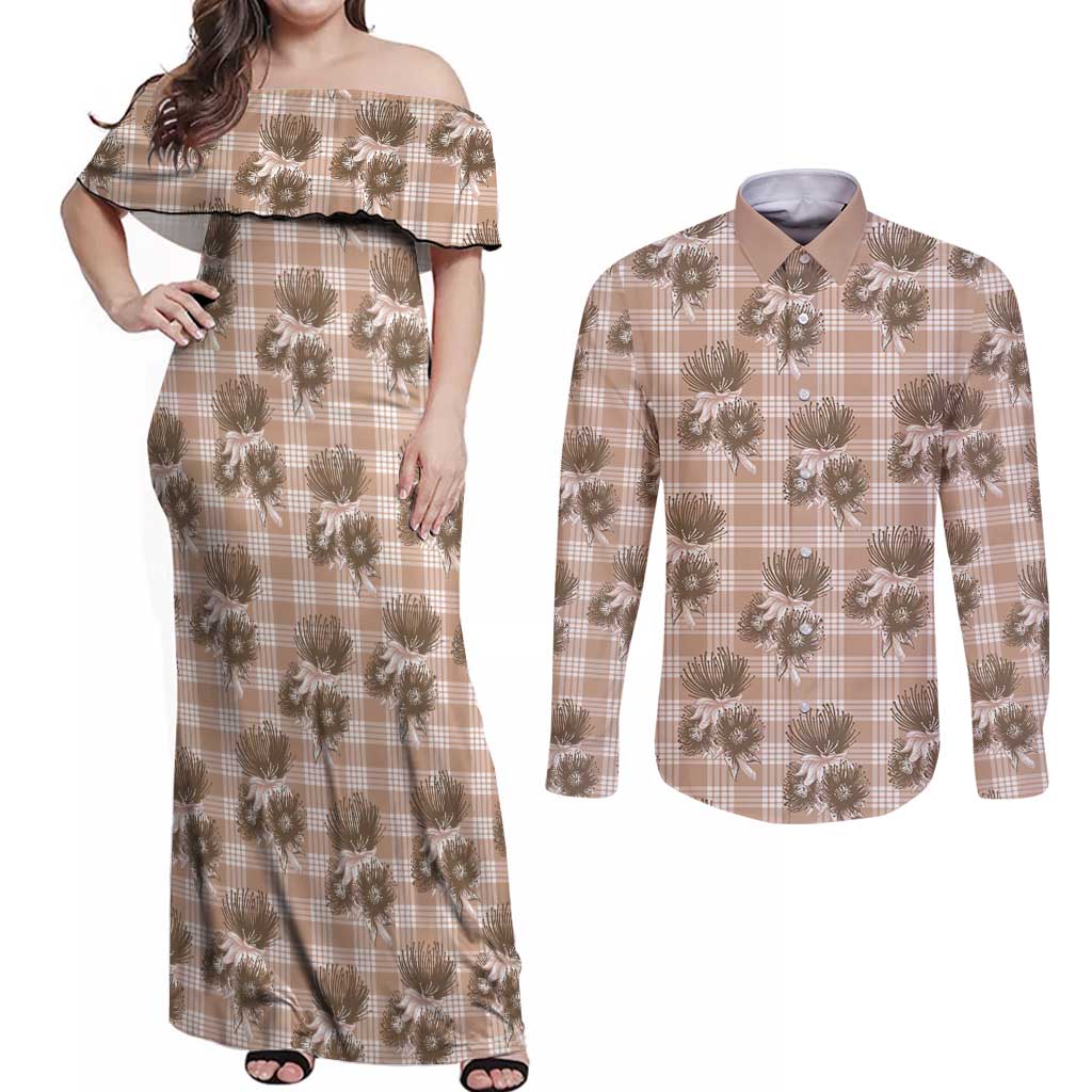 Brown Palaka Hawaii Couples Matching Off Shoulder Maxi Dress and Long Sleeve Button Shirt Hawaiian Lehua Blossoms