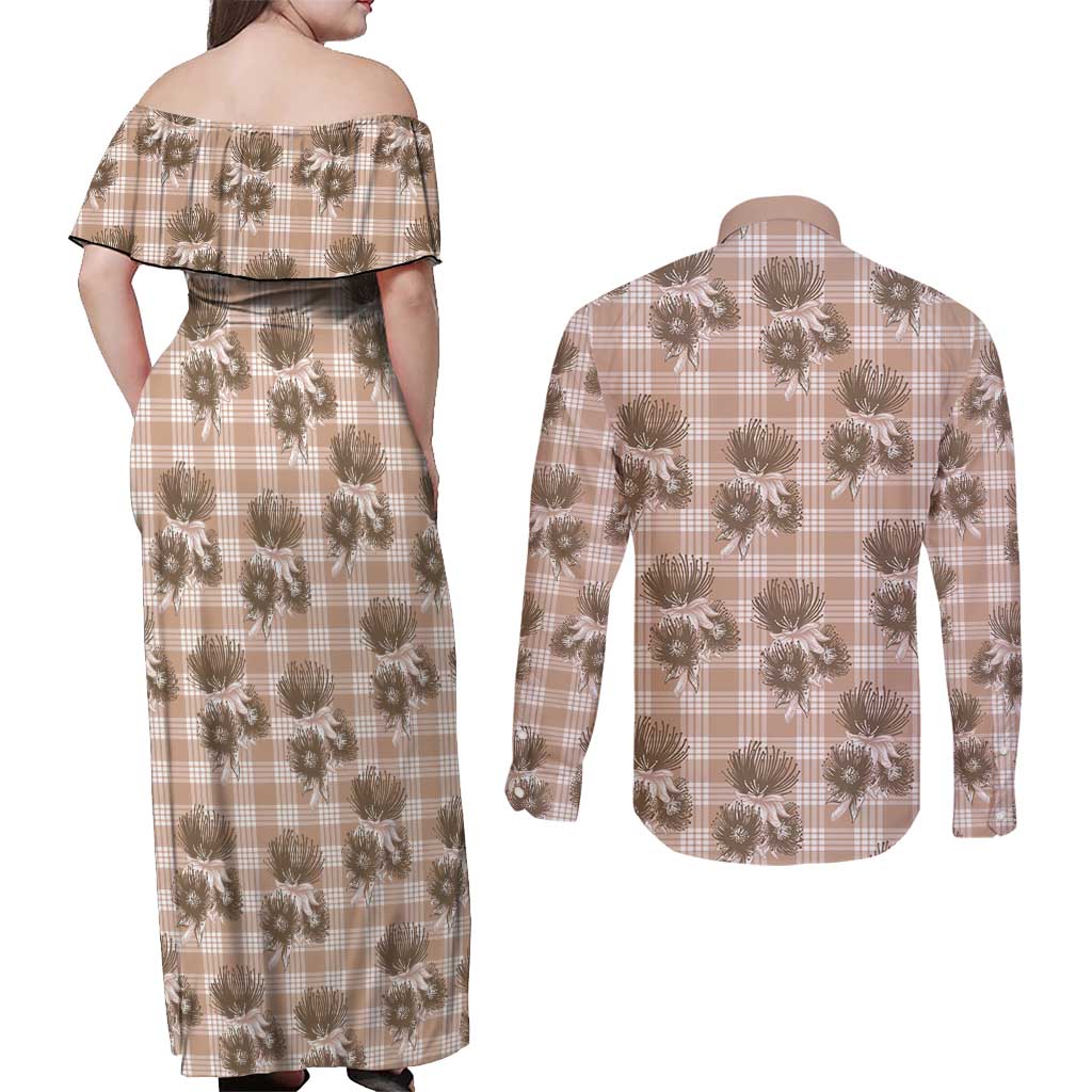 Brown Palaka Hawaii Couples Matching Off Shoulder Maxi Dress and Long Sleeve Button Shirt Hawaiian Lehua Blossoms