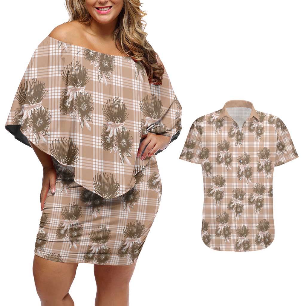 Brown Palaka Hawaii Couples Matching Off Shoulder Short Dress and Hawaiian Shirt Hawaiian Lehua Blossoms LT05 Brown - Polynesian Pride