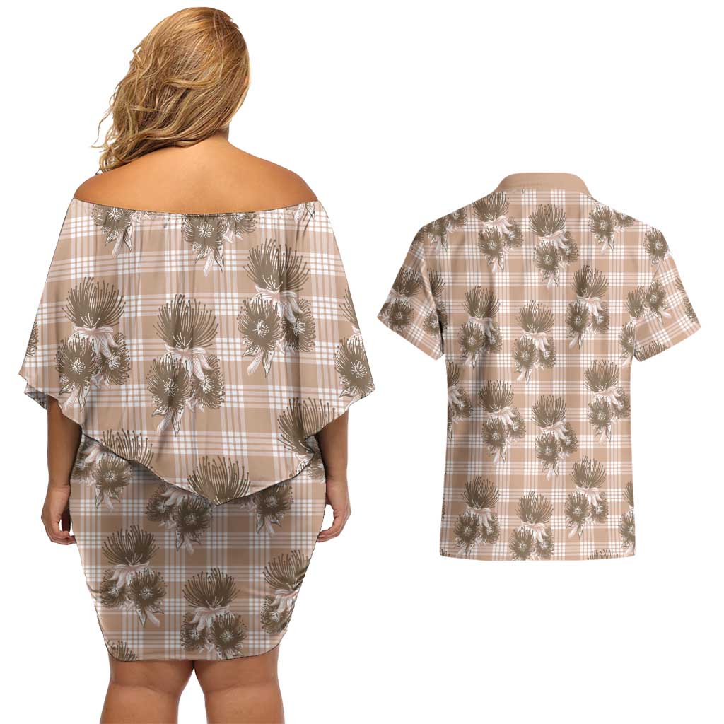 Brown Palaka Hawaii Couples Matching Off Shoulder Short Dress and Hawaiian Shirt Hawaiian Lehua Blossoms LT05 - Polynesian Pride