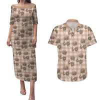 Brown Palaka Hawaii Couples Matching Puletasi and Hawaiian Shirt Hawaiian Lehua Blossoms
