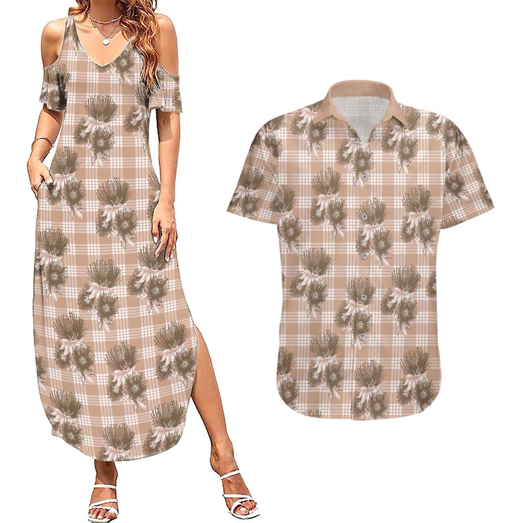Brown Palaka Hawaii Couples Matching Summer Maxi Dress and Hawaiian Shirt Hawaiian Lehua Blossoms LT05 Brown - Polynesian Pride