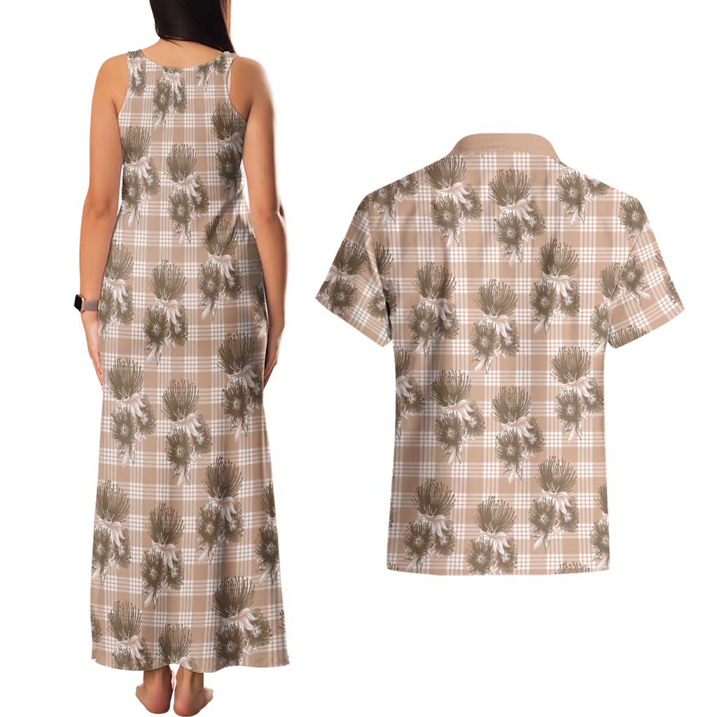 Brown Palaka Hawaii Couples Matching Tank Maxi Dress and Hawaiian Shirt Hawaiian Lehua Blossoms