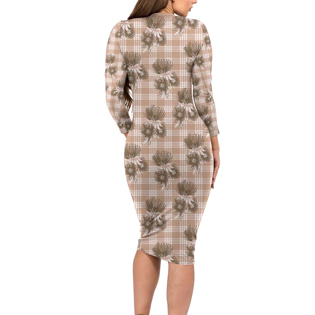 Brown Palaka Hawaii Family Matching Long Sleeve Bodycon Dress and Hawaiian Shirt Hawaiian Lehua Blossoms LT05 - Polynesian Pride