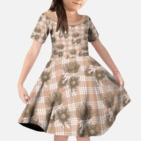 Brown Palaka Hawaii Family Matching Off The Shoulder Long Sleeve Dress and Hawaiian Shirt Hawaiian Lehua Blossoms LT05 Daughter's Dress Brown - Polynesian Pride