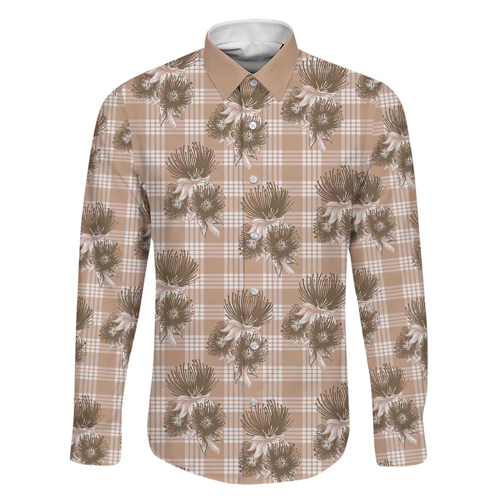 Brown Palaka Hawaii Family Matching Off Shoulder Maxi Dress and Hawaiian Shirt Hawaiian Lehua Blossoms LT05 Dad's Shirt - Long Sleeve Brown - Polynesian Pride