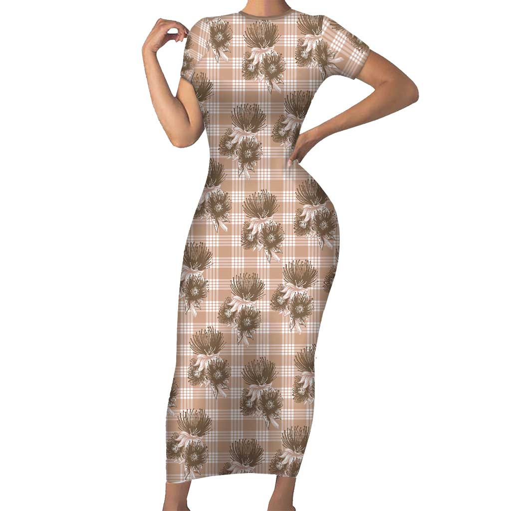 Brown Palaka Hawaii Family Matching Short Sleeve Bodycon Dress and Hawaiian Shirt Hawaiian Lehua Blossoms LT05 Mom's Dress Brown - Polynesian Pride