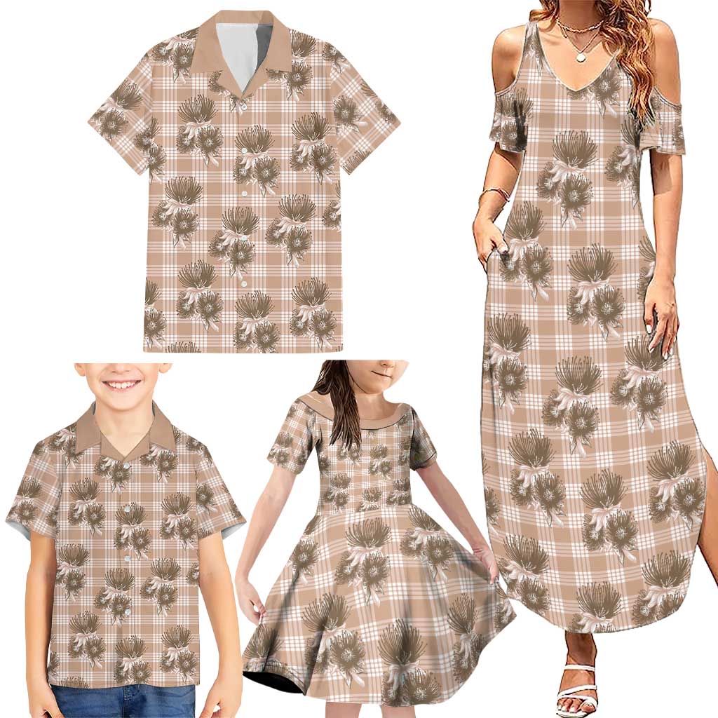 Brown Palaka Hawaii Family Matching Summer Maxi Dress and Hawaiian Shirt Hawaiian Lehua Blossoms