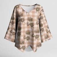 Brown Palaka Hawaii Kimono Sleeve Blouse Hawaiian Lehua Blossoms