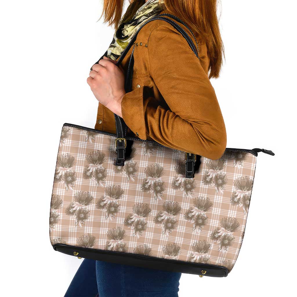 Brown Palaka Hawaii Leather Tote Bag Hawaiian Lehua Blossoms