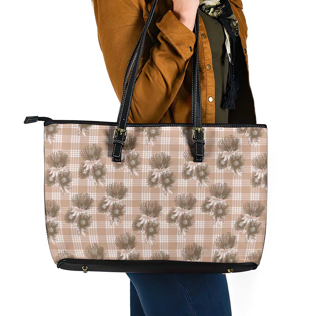 Brown Palaka Hawaii Leather Tote Bag Hawaiian Lehua Blossoms