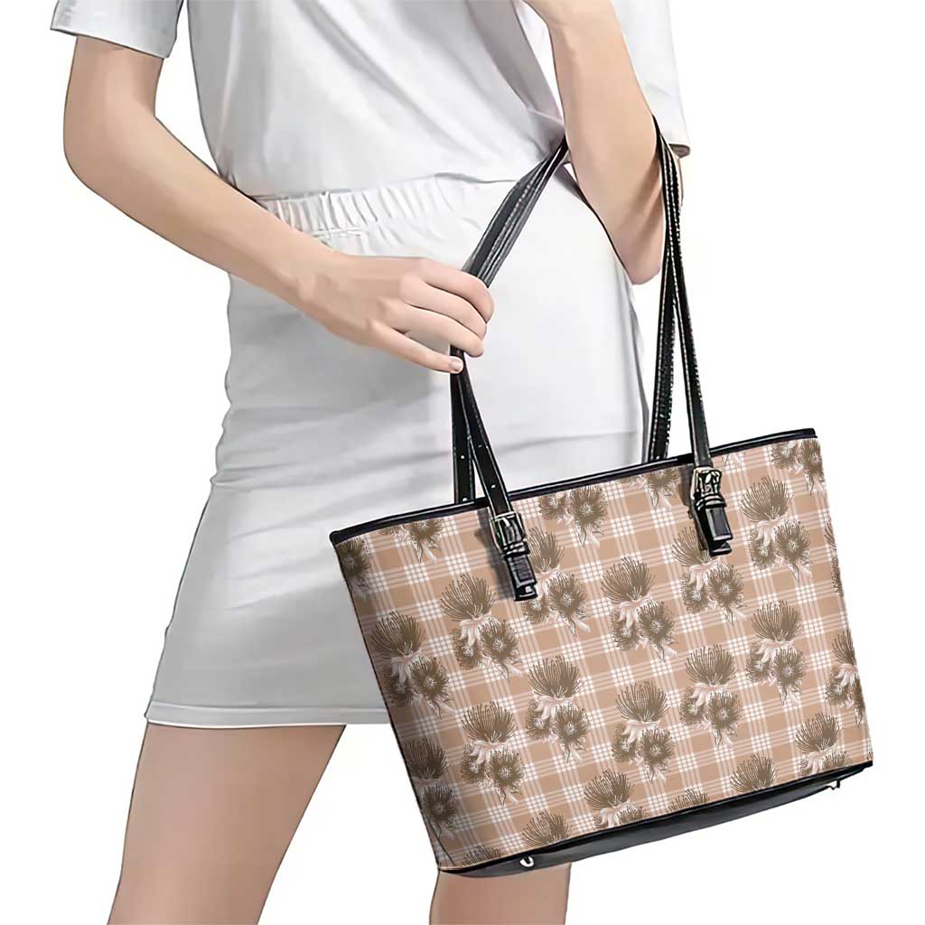 Brown Palaka Hawaii Leather Tote Bag Hawaiian Lehua Blossoms