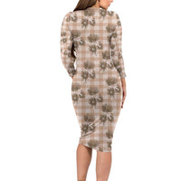 Brown Palaka Hawaii Long Sleeve Bodycon Dress Hawaiian Lehua Blossoms