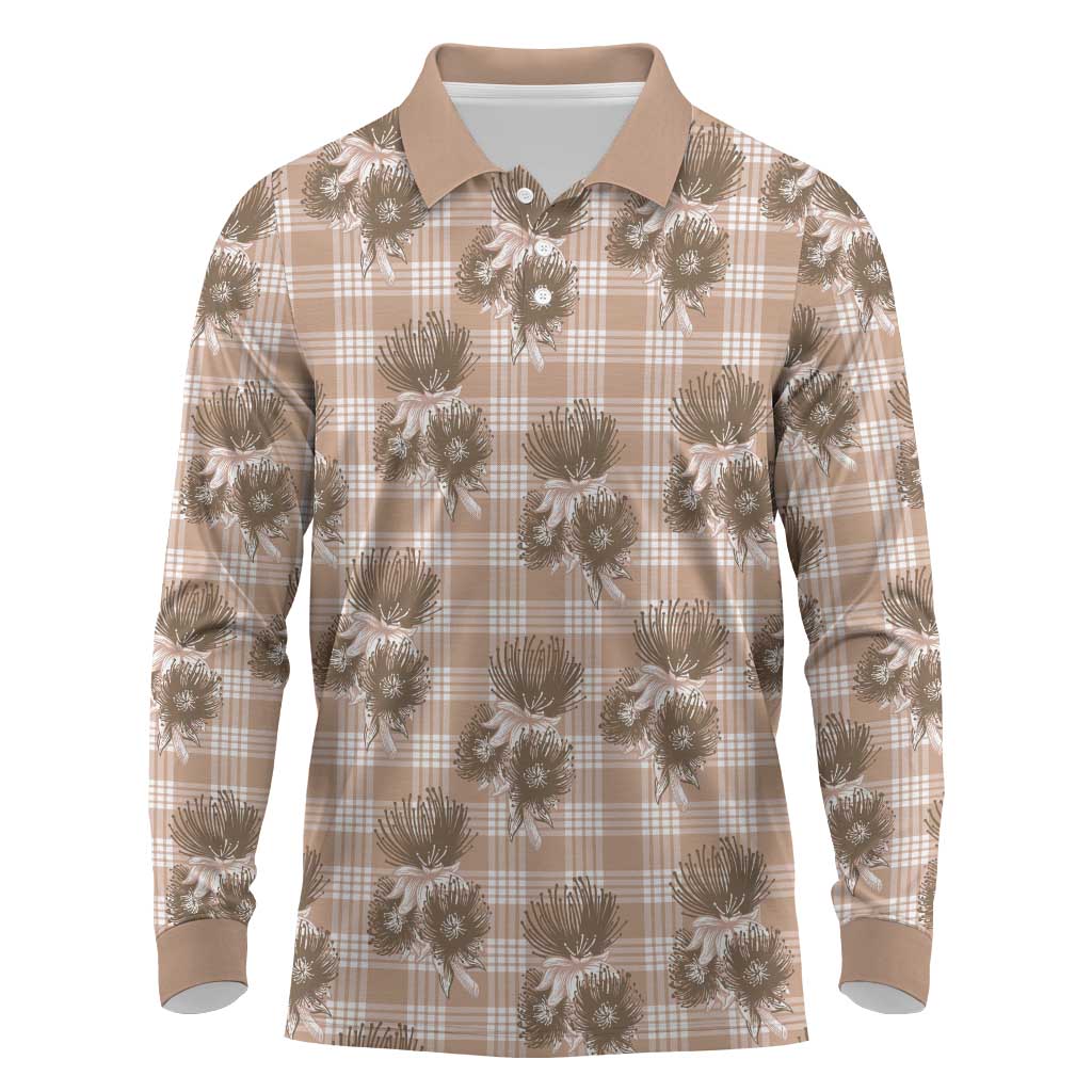 Brown Palaka Hawaii Long Sleeve Polo Shirt Hawaiian Lehua Blossoms