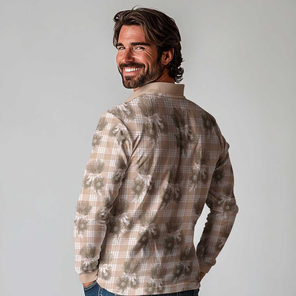 Brown Palaka Hawaii Long Sleeve Polo Shirt Hawaiian Lehua Blossoms