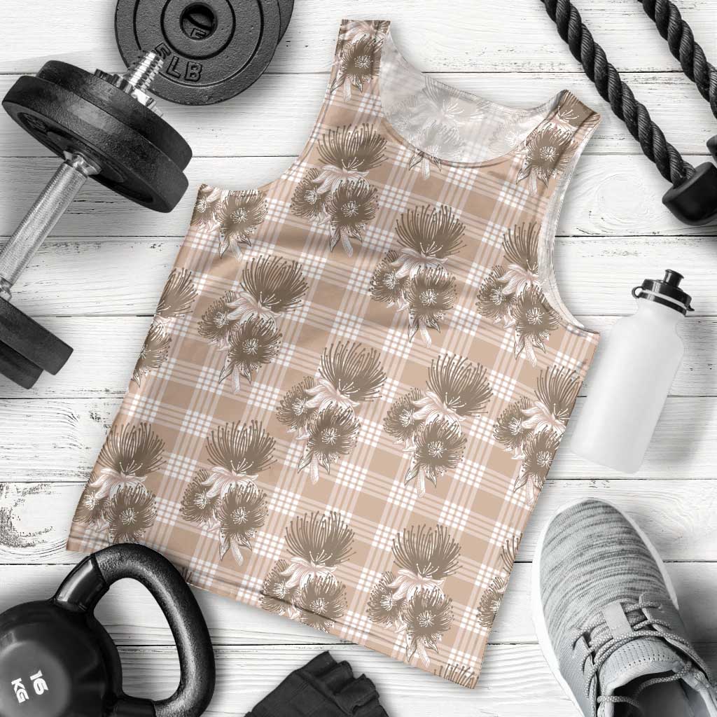 Brown Palaka Hawaii Men Tank Top Hawaiian Lehua Blossoms