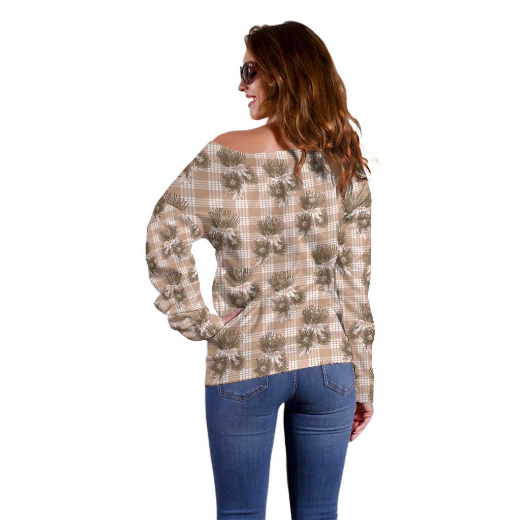 Brown Palaka Hawaii Off Shoulder Sweater Hawaiian Lehua Blossoms