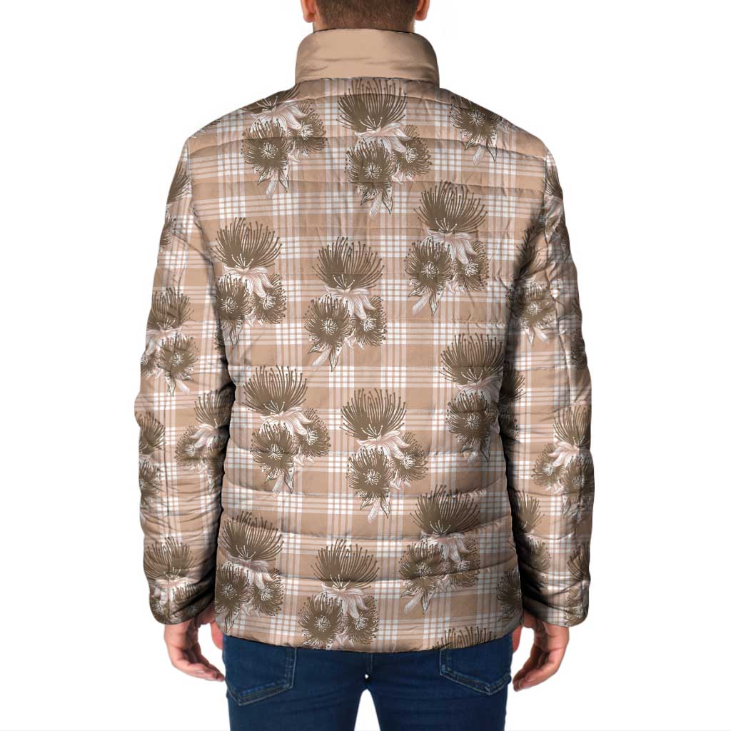 Brown Palaka Hawaii Padded Jacket Hawaiian Lehua Blossoms