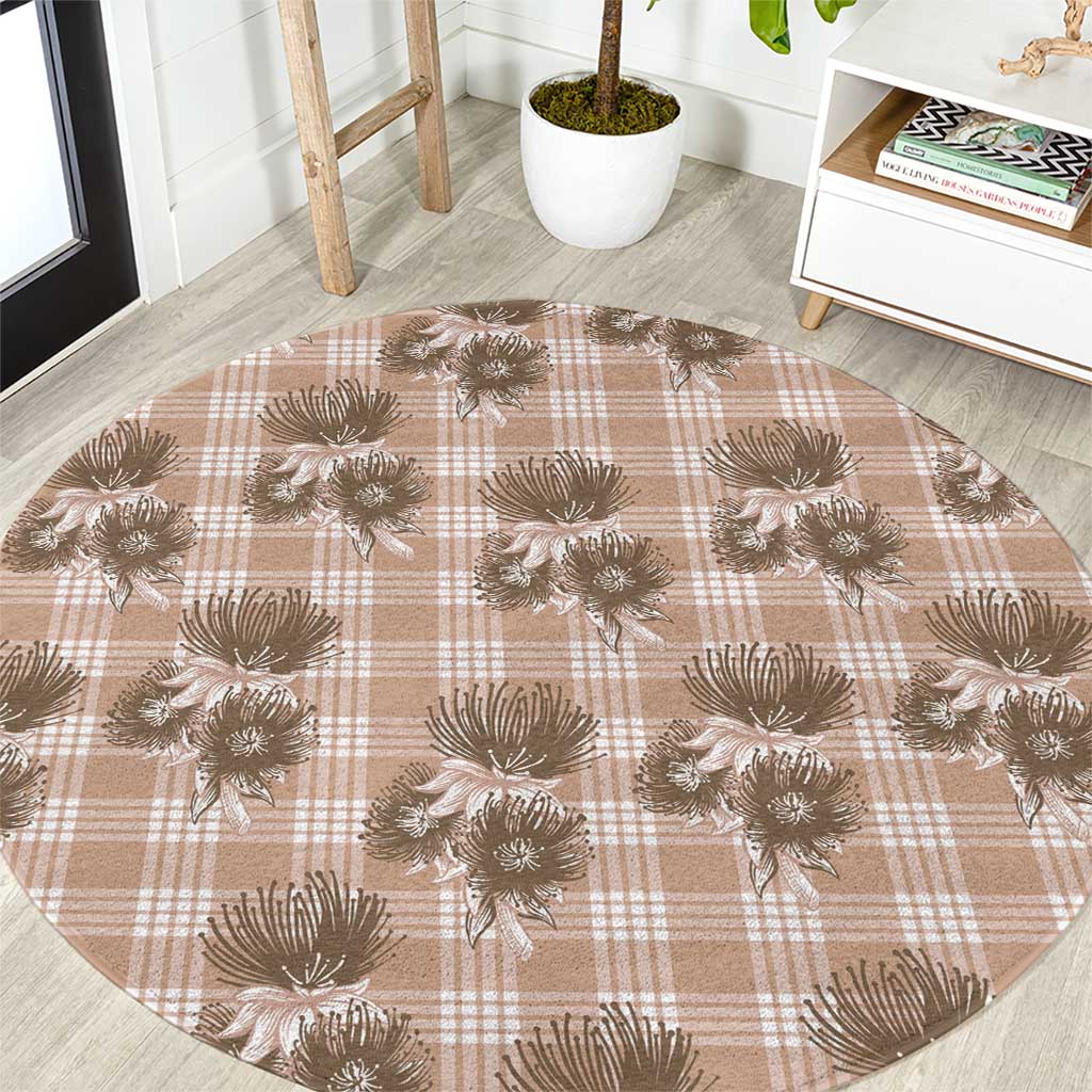 Brown Palaka Hawaii Round Carpet Hawaiian Lehua Blossoms
