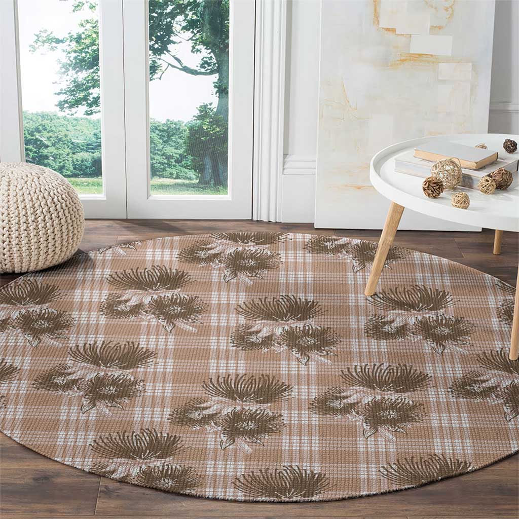 Brown Palaka Hawaii Round Carpet Hawaiian Lehua Blossoms