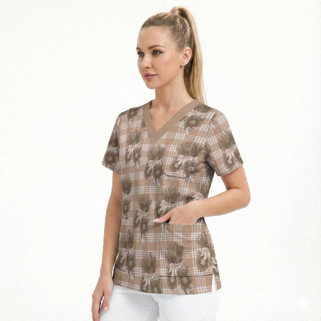 Brown Palaka Hawaii Scrub Top Hawaiian Lehua Blossoms