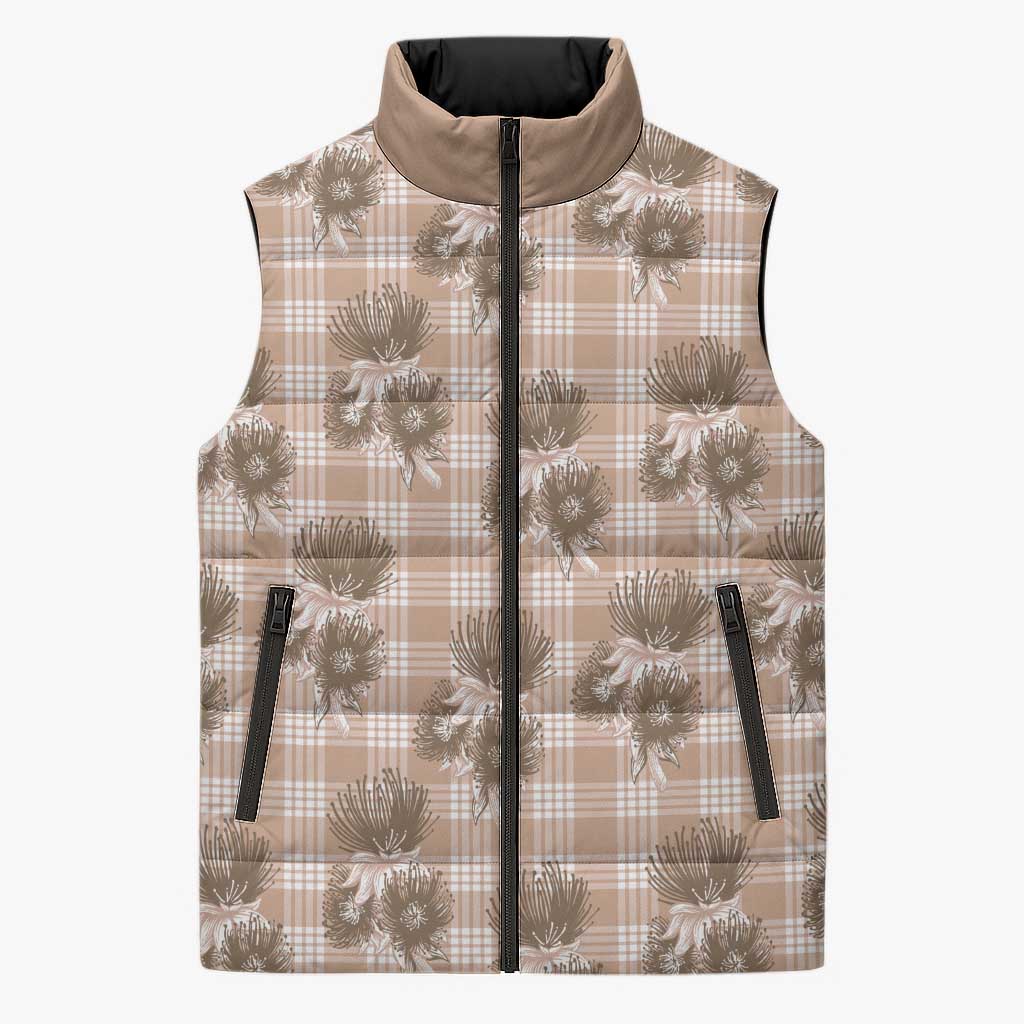 Brown Palaka Hawaii Sleeveless Puffer Jacket Hawaiian Lehua Blossoms