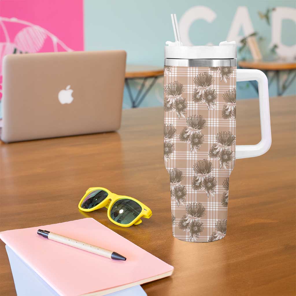 Brown Palaka Hawaii Tumbler With Handle Hawaiian Lehua Blossoms