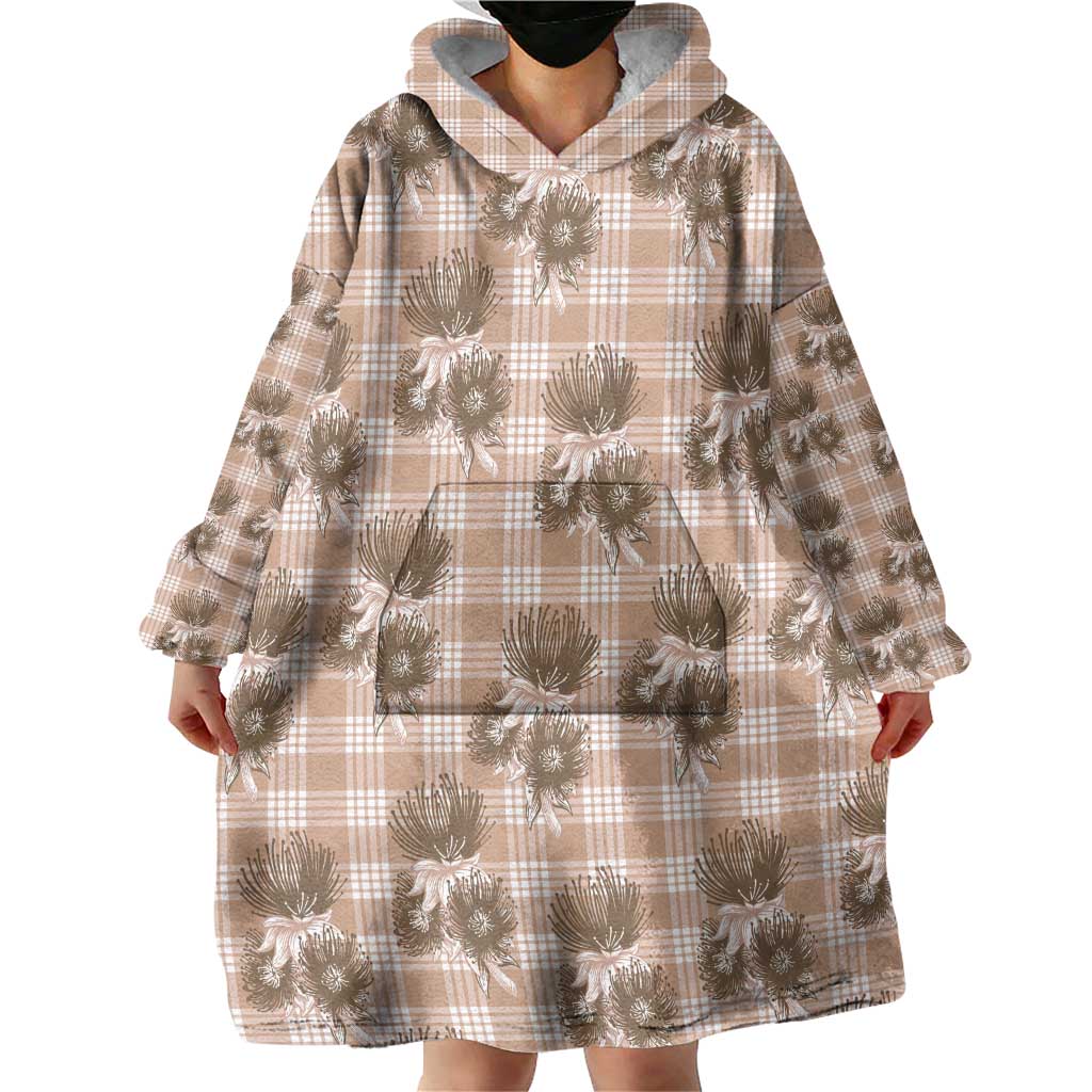 Brown Palaka Hawaii Wearable Blanket Hoodie Hawaiian Lehua Blossoms