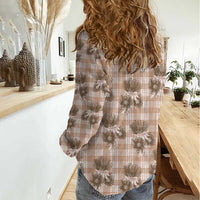 Brown Palaka Hawaii Women Casual Shirt Hawaiian Lehua Blossoms
