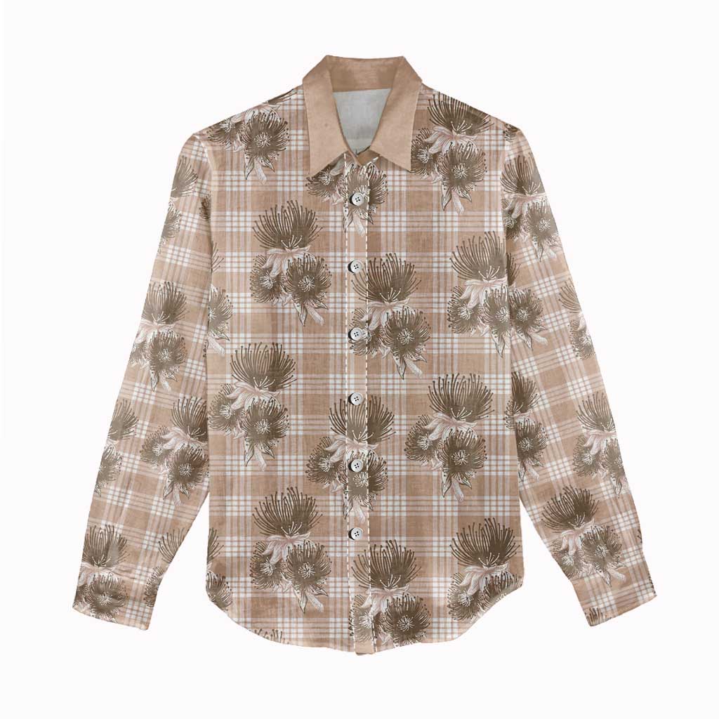Brown Palaka Hawaii Women Casual Shirt Hawaiian Lehua Blossoms