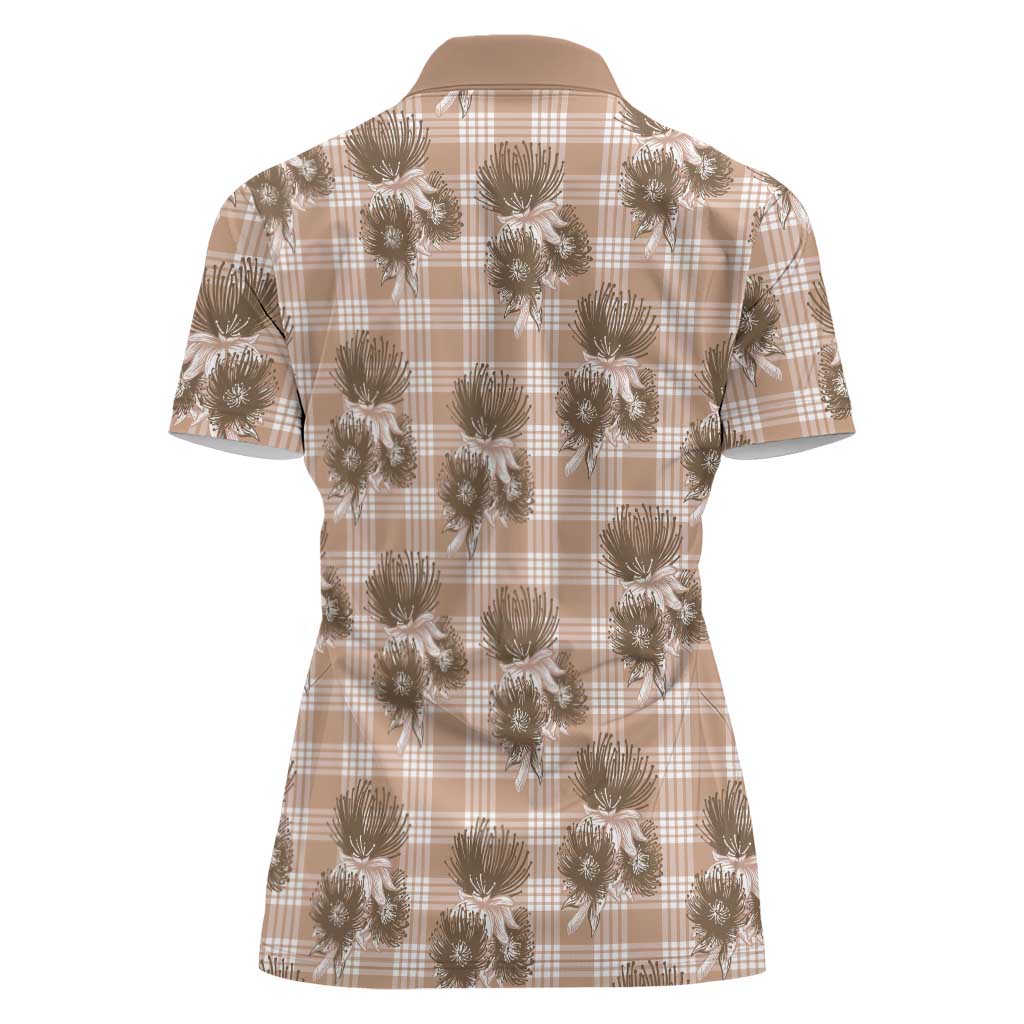 Brown Palaka Hawaii Women Polo Shirt Hawaiian Lehua Blossoms