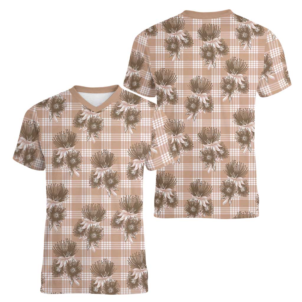 Brown Palaka Hawaii Women V-Neck T-Shirt Hawaiian Lehua Blossoms