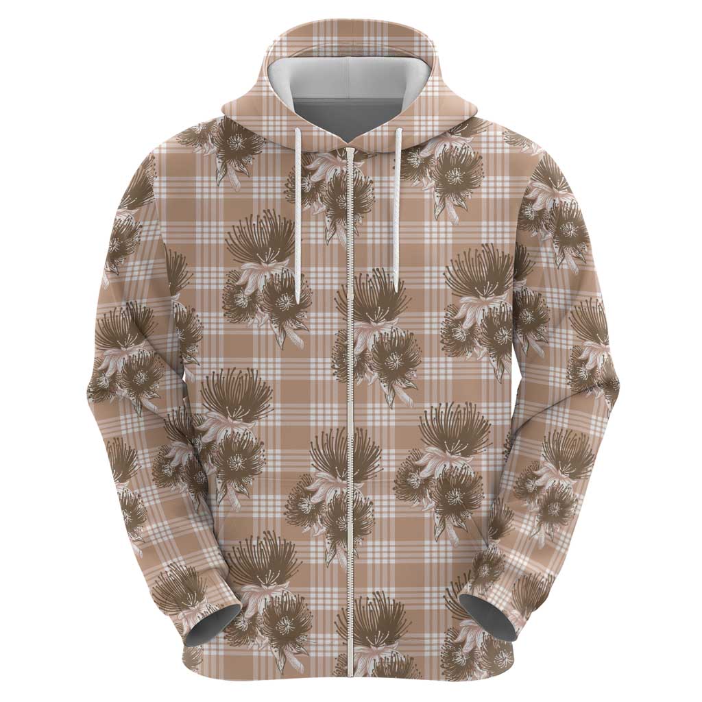Brown Palaka Hawaii Zip Hoodie Hawaiian Lehua Blossoms