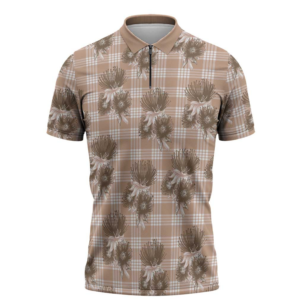 Brown Palaka Hawaii Zipper Polo Shirt Hawaiian Lehua Blossoms