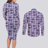 Purple Palaka Hawaii Couples Matching Long Sleeve Bodycon Dress and Long Sleeve Button Shirt Hawaiian Lehua Blossoms
